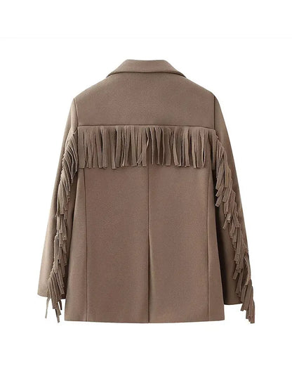 Casual Tassels Patchwork Long Sleeves Lapel Single Breasted Buckle Slim Elegant Stylish Coat