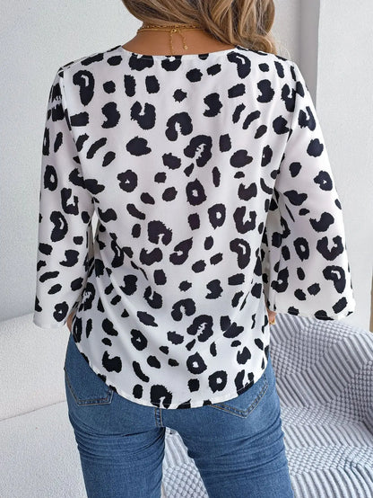 Leopard Sleeve Button 3/4 Neck Print Casual V Front Women's Blouse