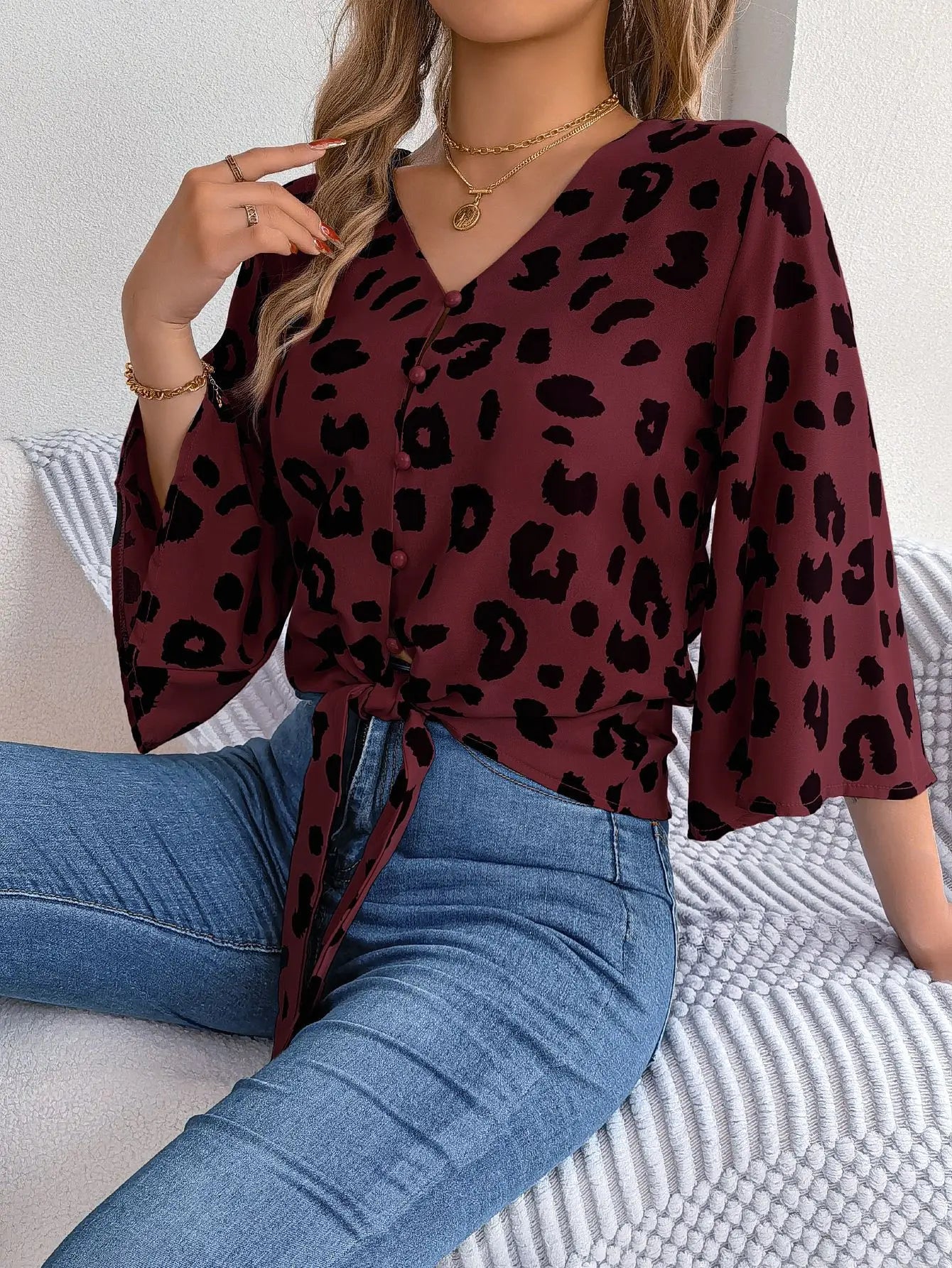 Leopard Sleeve Button 3/4 Neck Print Casual V Front Women's Blouse