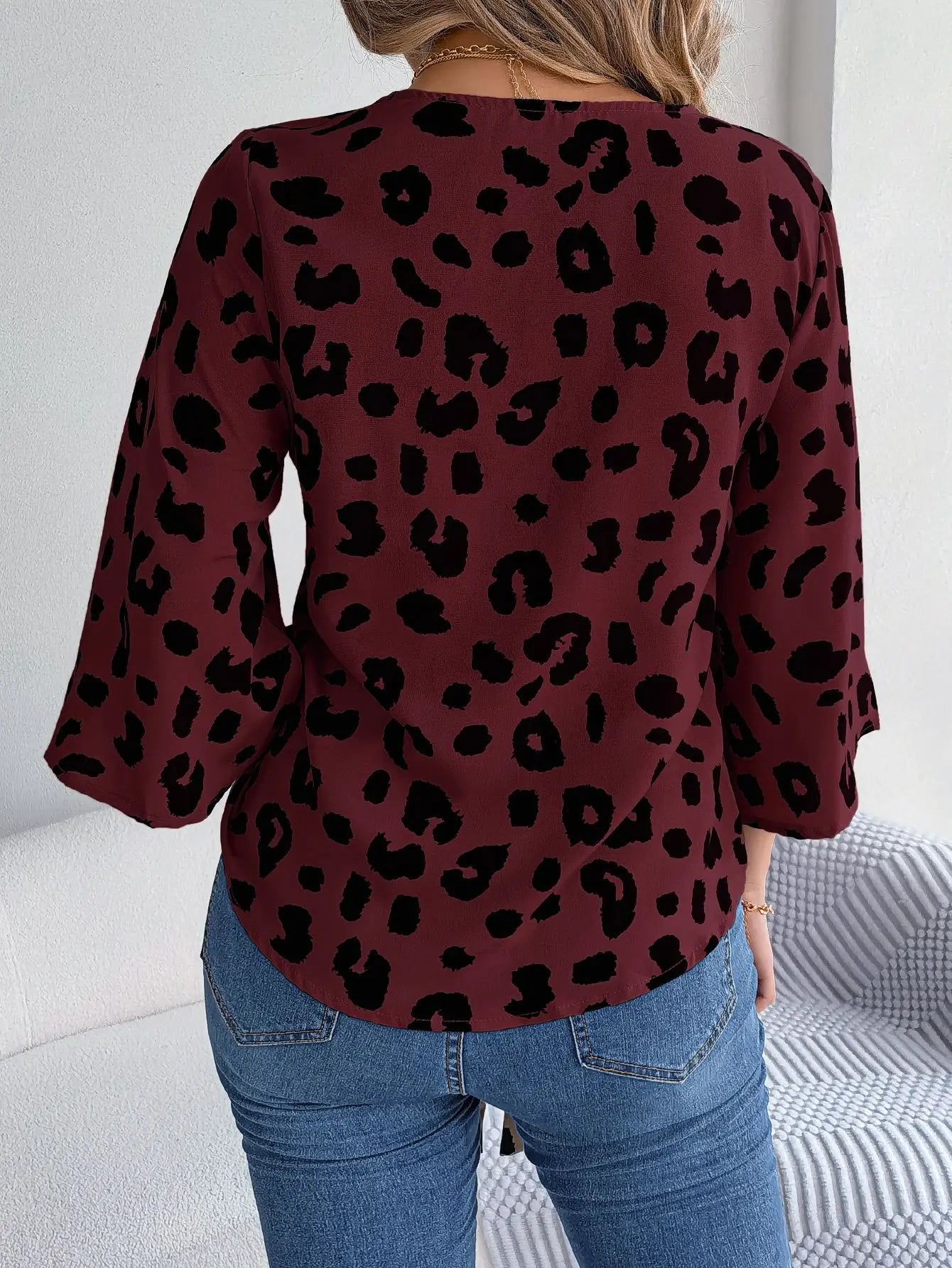 Leopard Sleeve Button 3/4 Neck Print Casual V Front Women's Blouse