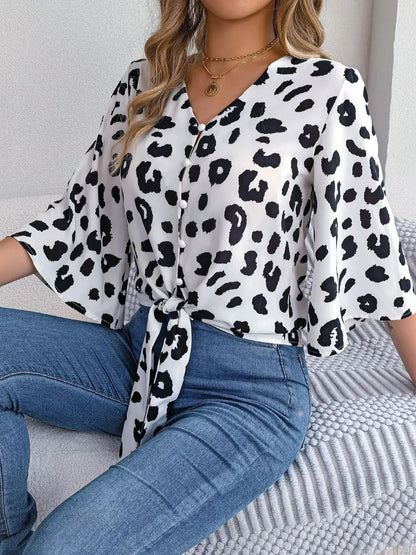 Leopard Sleeve Button 3/4 Neck Print Casual V Front Women's Blouse