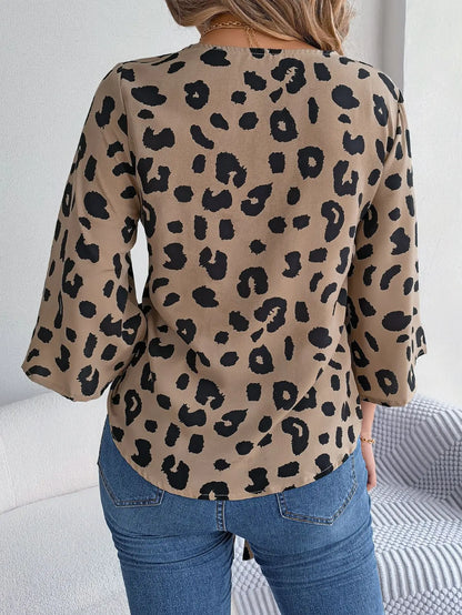 Leopard Sleeve Button 3/4 Neck Print Casual V Front Women's Blouse