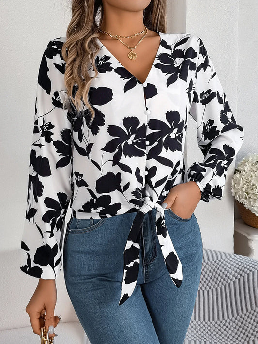 Spring Casual Floral Front Front Women's Tie Button Fall V-neck Print Blouse