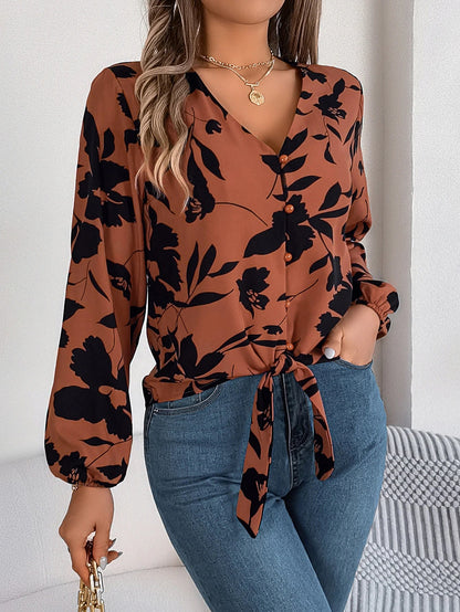 Spring Casual Floral Front Front Women's Tie Button Fall V-neck Print Blouse