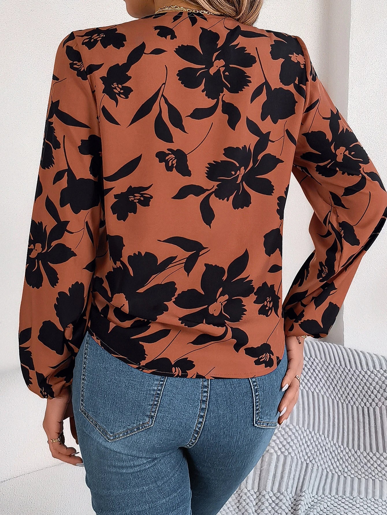 Spring Casual Floral Front Front Women's Tie Button Fall V-neck Print Blouse