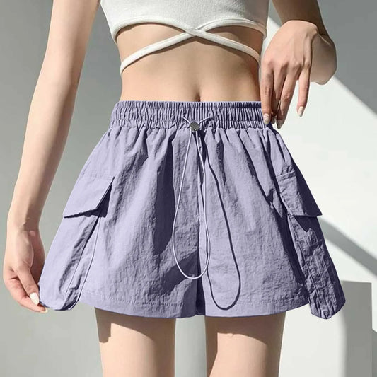 Korean Style Purple High Waist Drawstring Wide Leg Women Fashion Elastic Pocket Chic Short