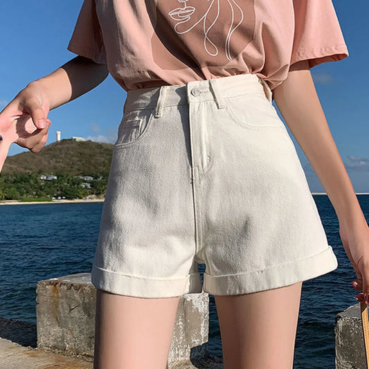 Korean-style Simple High Waist White Denim Solid All-match Short Jeans Trousers Chic Short