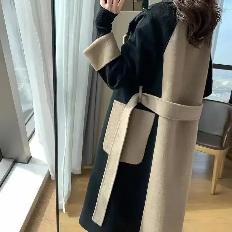 Chic Woolen Patchwork Double-breasted Anti-wrinkle Lapel Winter High Sense Elegant Stylish Coat