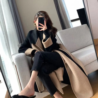 Chic Woolen Patchwork Double-breasted Anti-wrinkle Lapel Winter High Sense Elegant Stylish Coat