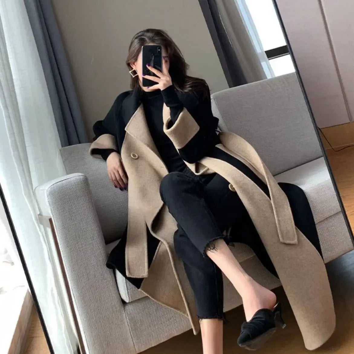 Chic Woolen Patchwork Double-breasted Anti-wrinkle Lapel Winter High Sense Elegant Stylish Coat