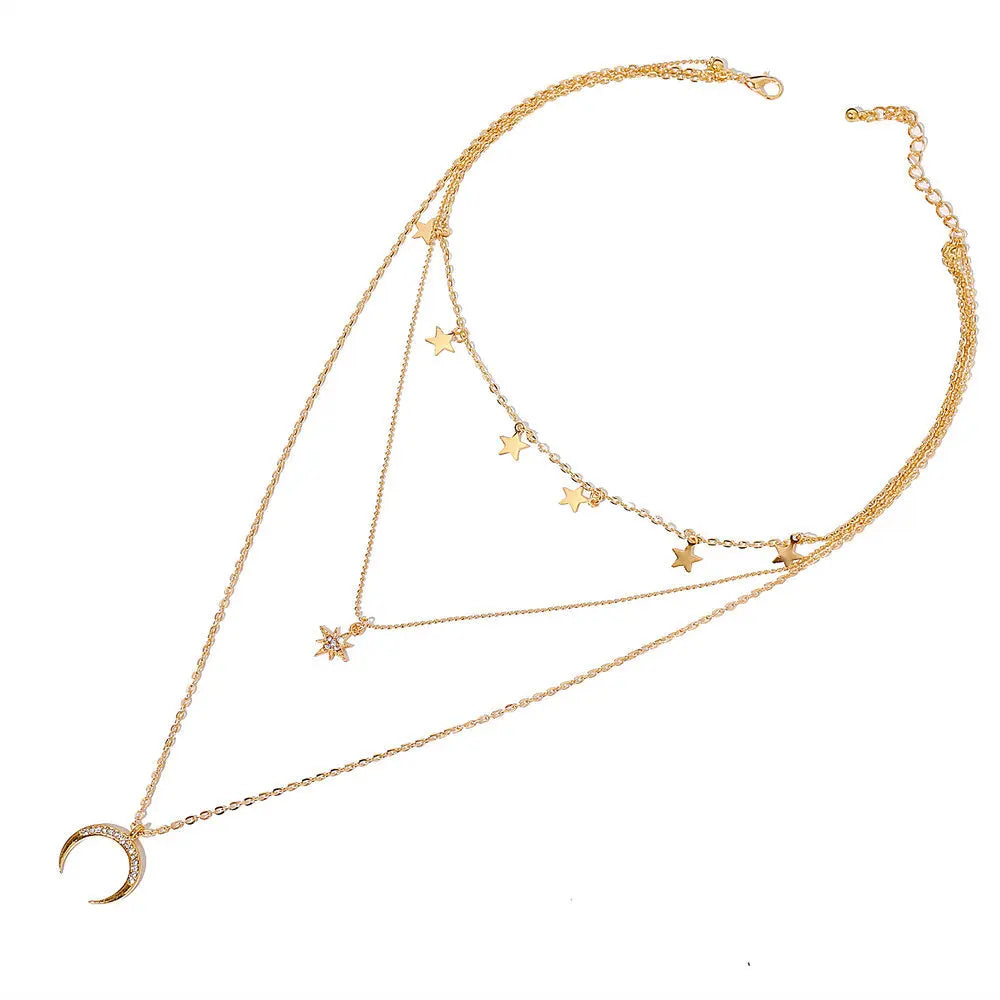 Clavicle Short Punk Multilayer Moon Star Boho Crystal Women's Necklake