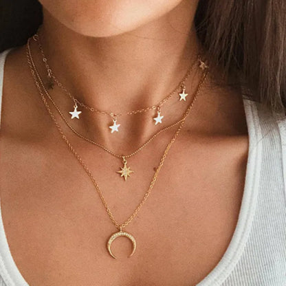 Clavicle Short Punk Multilayer Moon Star Boho Crystal Women's Necklake