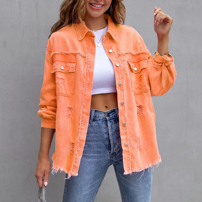 Ripped Oversized Denim Jacket with Lapel Button