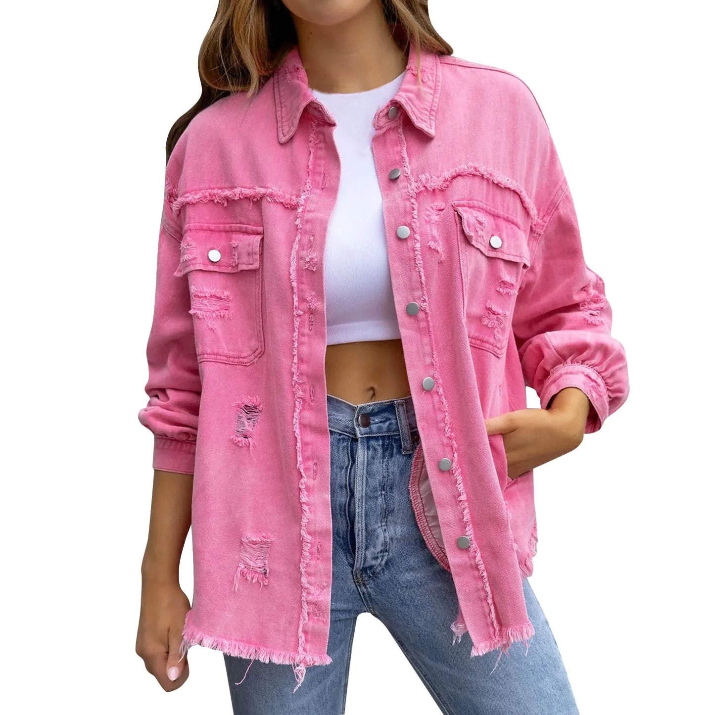 Ripped Oversized Denim Jacket with Lapel Button