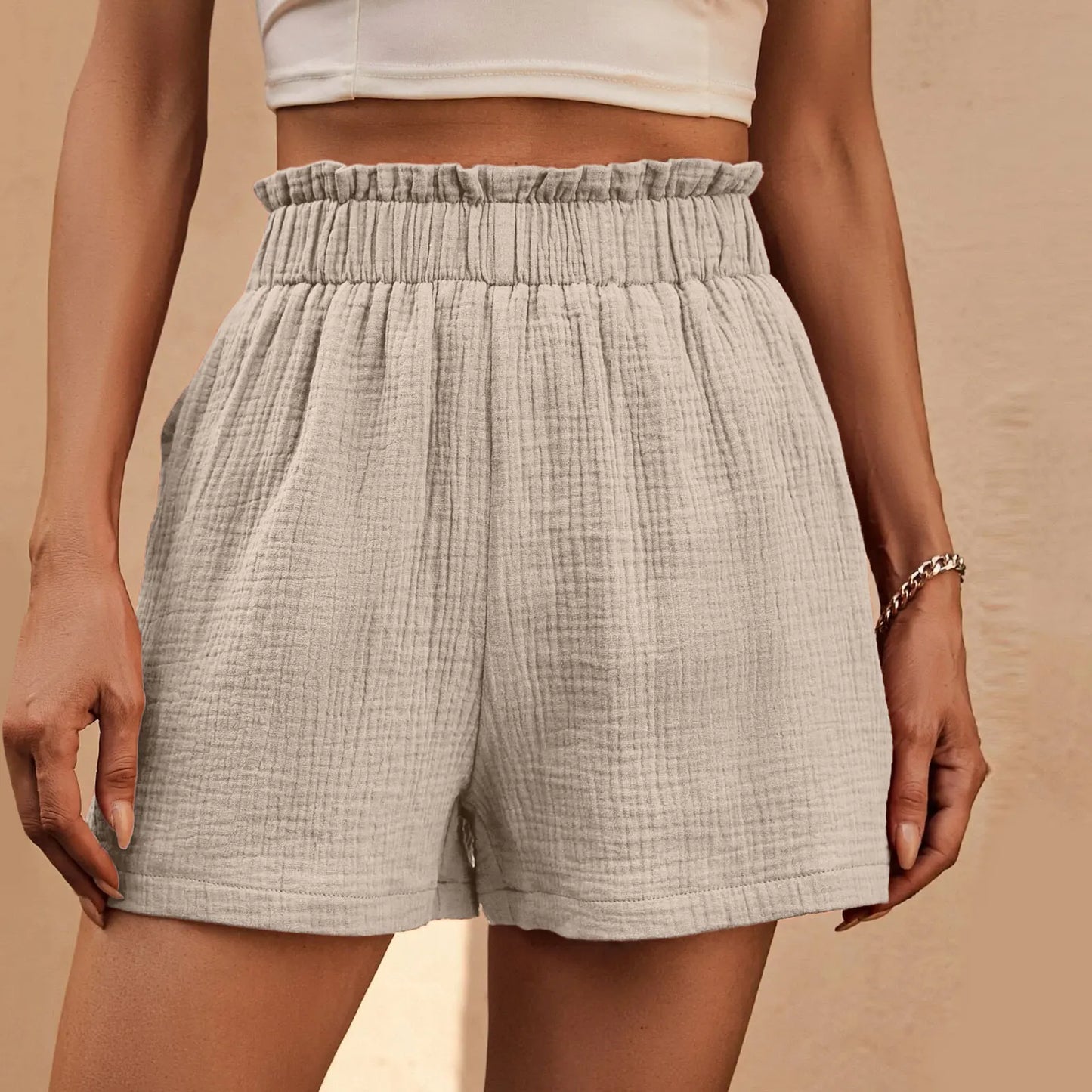 High Waist Cotton Linen Double Layered Pleats Hem Sports Short