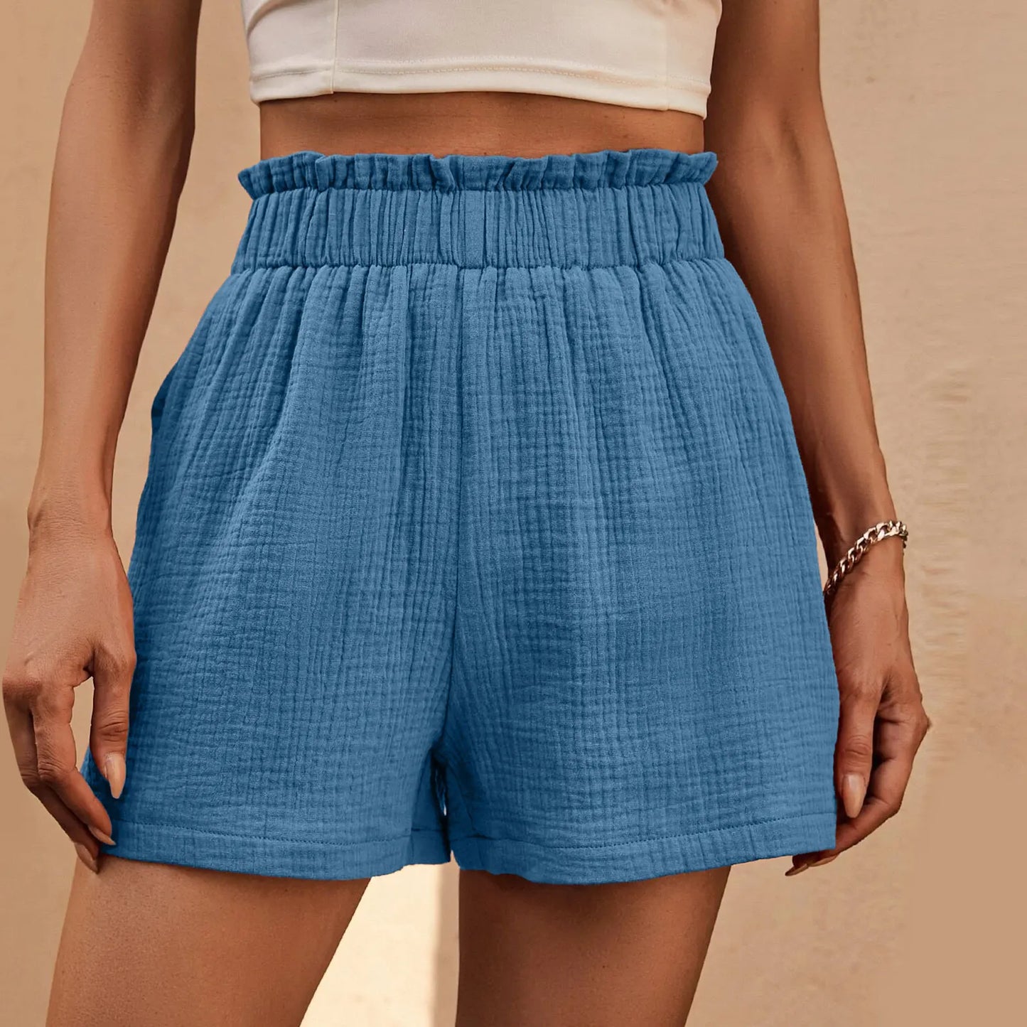 High Waist Cotton Linen Double Layered Pleats Hem Sports Short