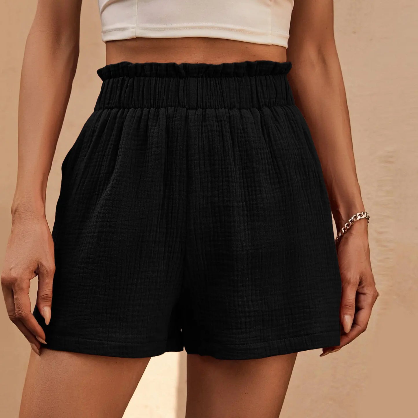 High Waist Cotton Linen Double Layered Pleats Hem Sports Short