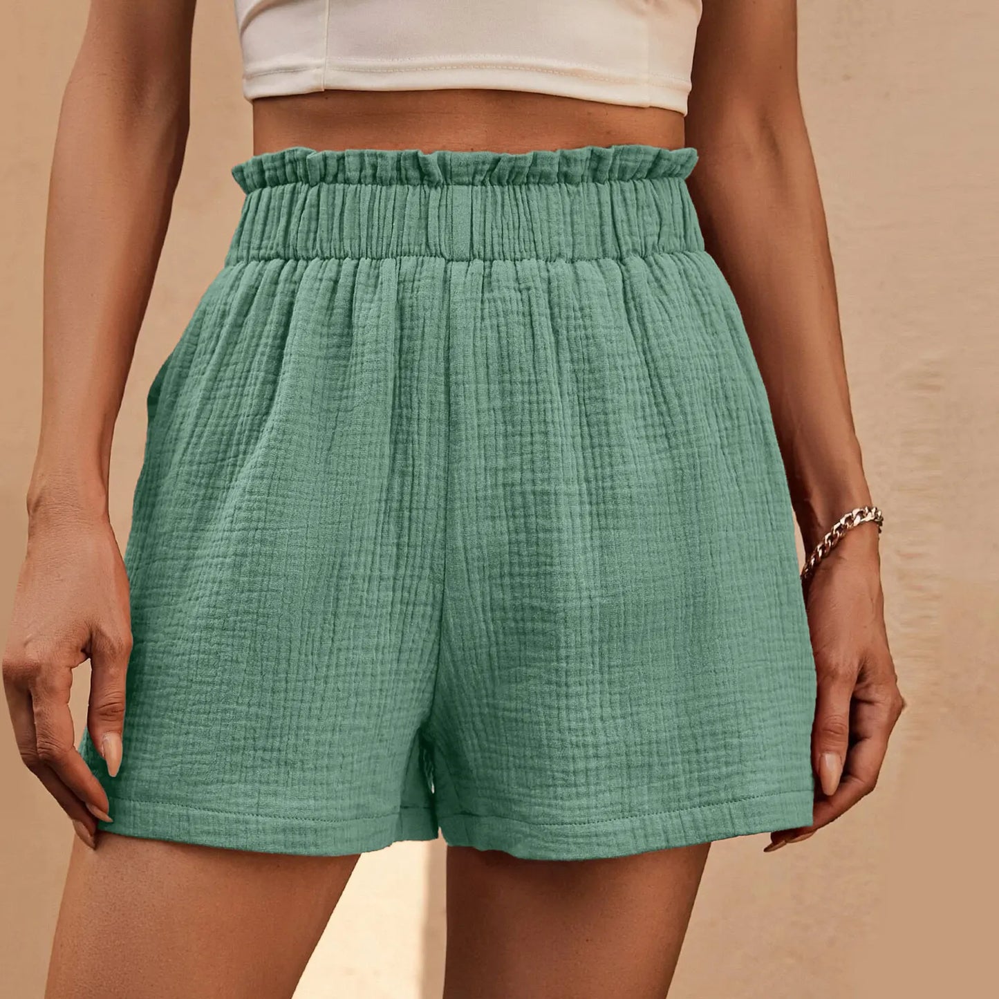 High Waist Cotton Linen Double Layered Pleats Hem Sports Short