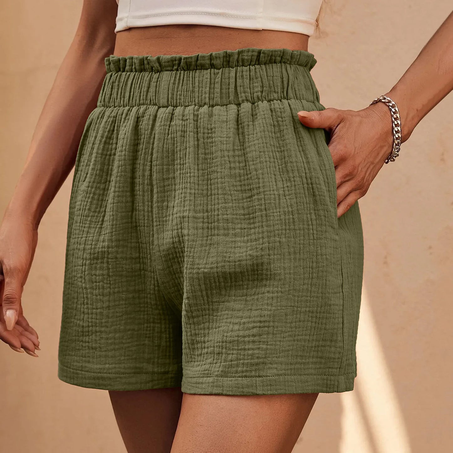 High Waist Cotton Linen Double Layered Pleats Hem Sports Short