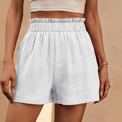 High Waist Cotton Linen Double Layered Pleats Hem Sports Short