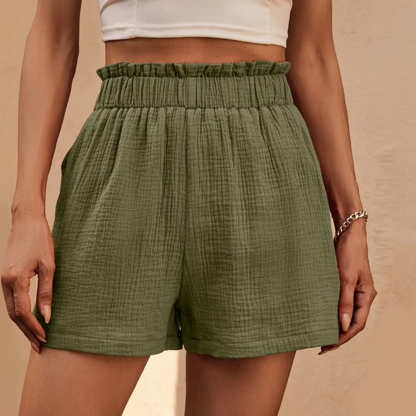 High Waist Cotton Linen Double Layered Pleats Hem Sports Short