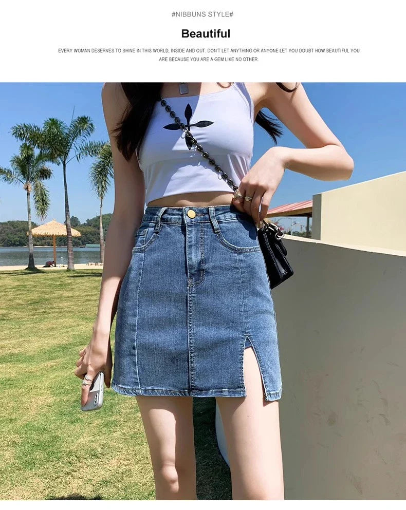 Female 2024 Summer New High Waist Small A Word Package Hip Skirt Half-Body Elastic Skirt Jeans