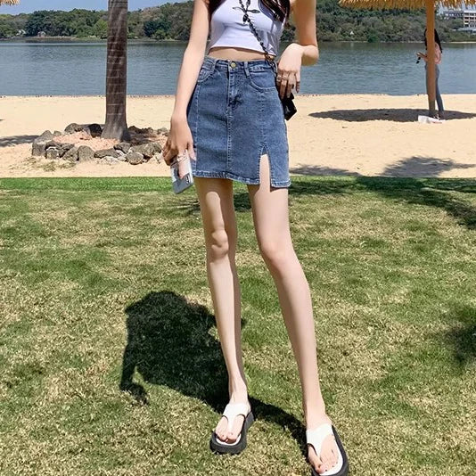 Female 2024 Summer New High Waist Small A Word Package Hip Skirt Half-Body Elastic Skirt Jeans