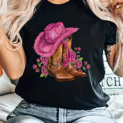 Floral Cowgirl Cartoon Print Tee - Women's Casual Crew Neck Top - 100% Polyester - Spring to Fall Versatility - Easy-Care T-shirt