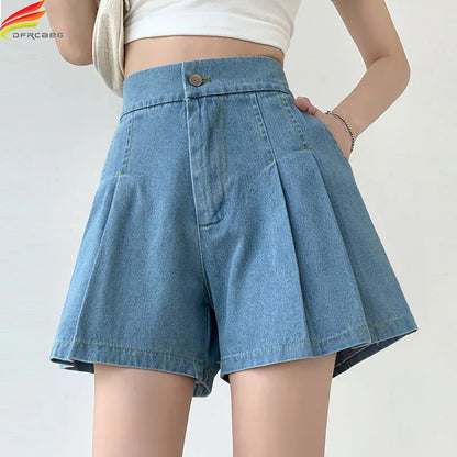 Plus Size Summer Denim High Waist Pleated Mini Shorts