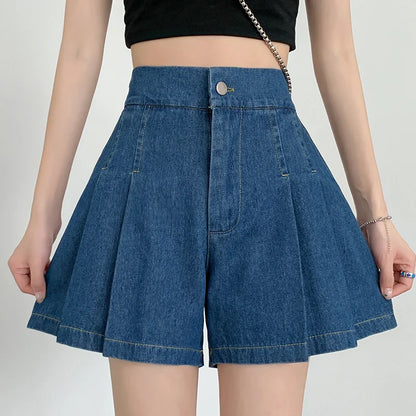 Plus Size Summer Denim High Waist Pleated Mini Shorts