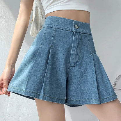 Plus Size Summer Denim High Waist Pleated Mini Shorts