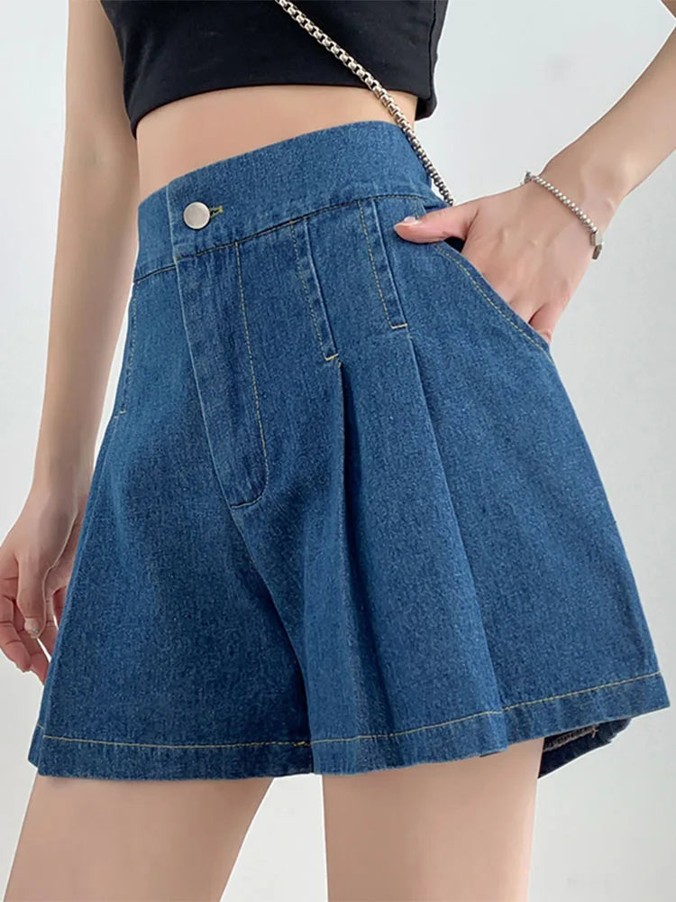 Plus Size Summer Denim High Waist Pleated Mini Shorts