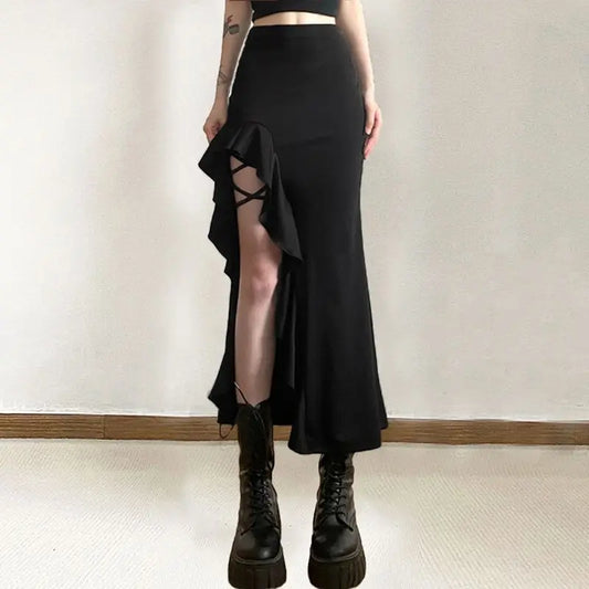 Black Gothic High Waisted Punk Midi Slit Skirt