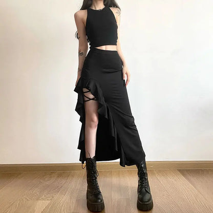 Black Gothic High Waisted Punk Midi Slit Skirt