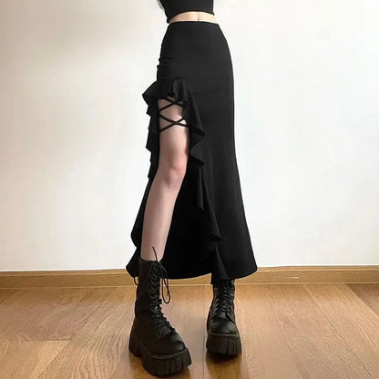 Black Gothic High Waisted Punk Midi Slit Skirt