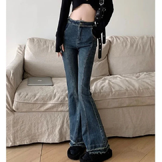 Female Spring New Large Size Sister High-Waisted Cover Crotch Thin Micro Flare Jeans