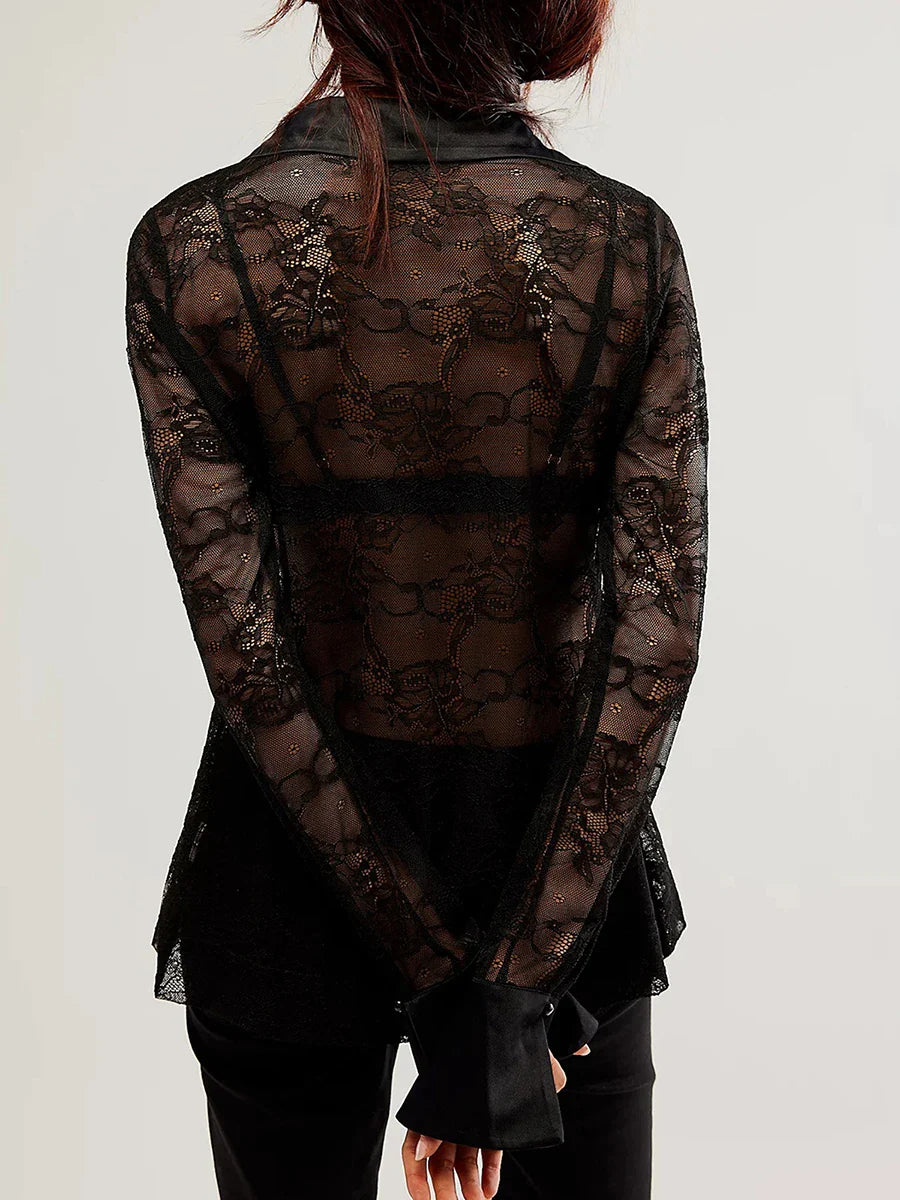 Down Sheer Lace Patchwork Long Sleeve Work Casual Button Blouse