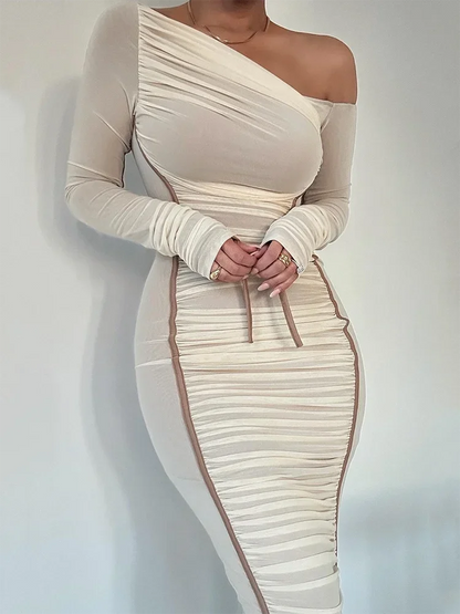 Mesh Backless Ruched Bodycon Long Midi Dress with Diagonal Collar