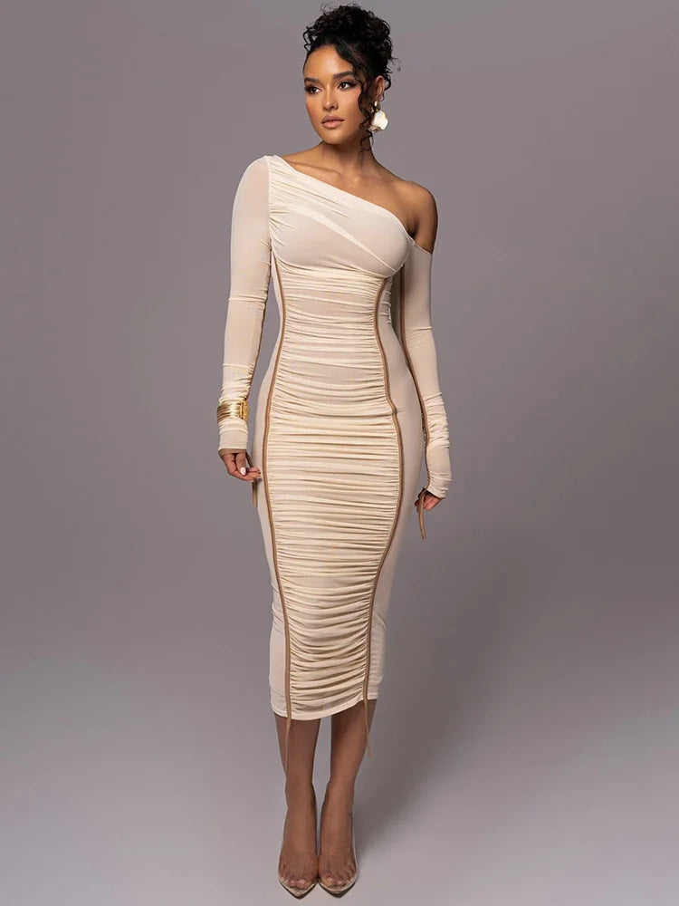 Mesh Backless Ruched Bodycon Long Midi Dress with Diagonal Collar