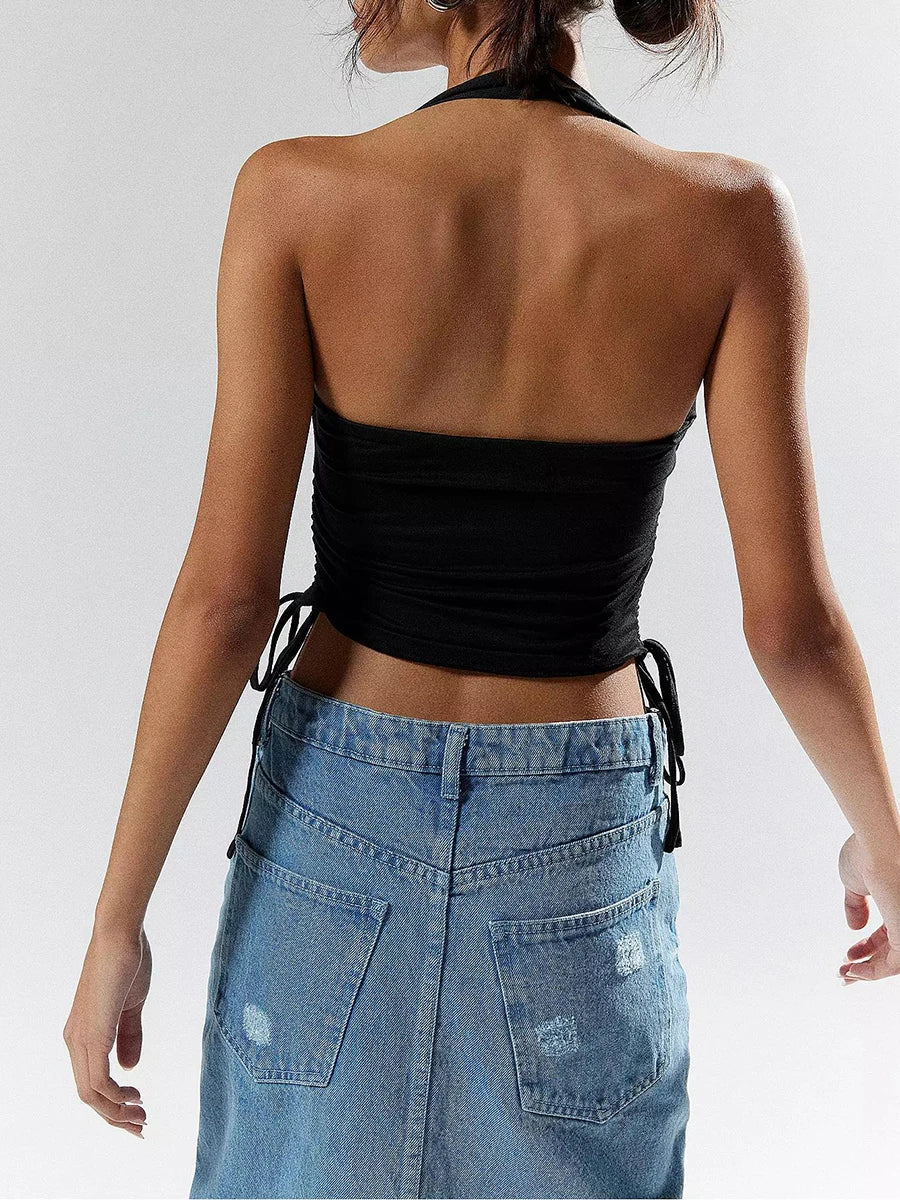 Color Halter Backless Side Drawstring Ruched Summer Crop Solid Top