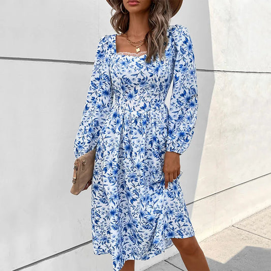 Floral Print Lace Square Neck High Waist A-line Midi Dress for Women