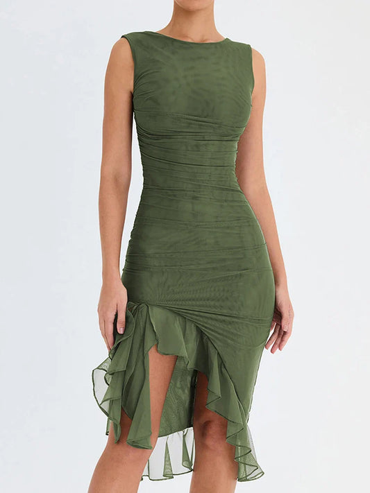 Ruffled Ruched Backless Sleeveless Midi Dress