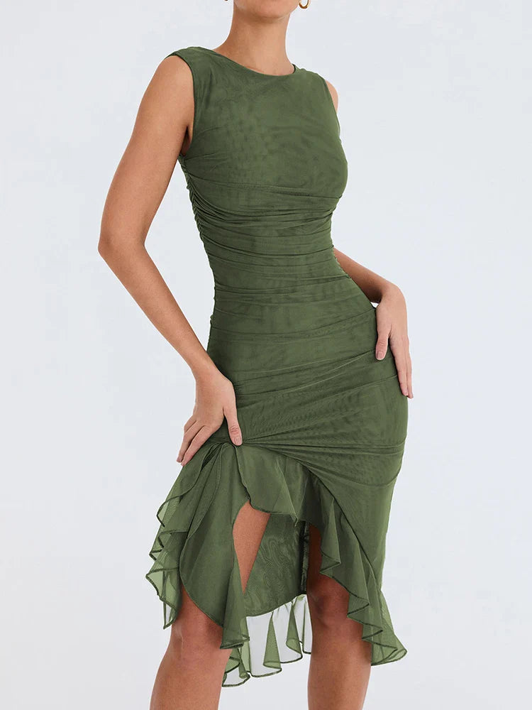 Ruffled Ruched Backless Sleeveless Midi Dress