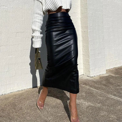 Elegant Fashion Ruched Slim High Waist PU Leather Chic Black Trendy Midi Skirt