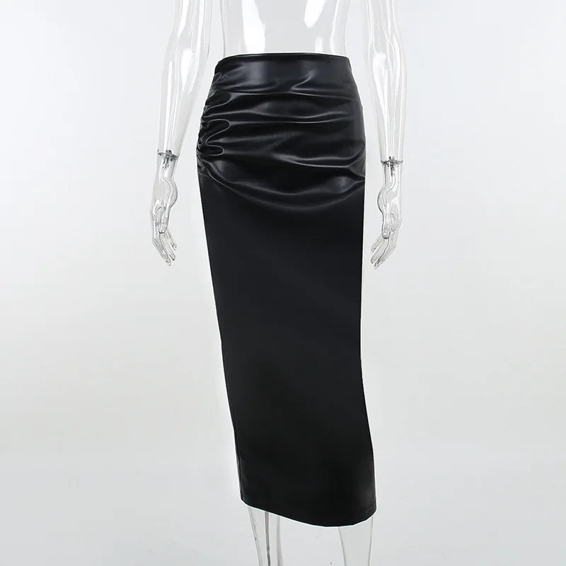 Elegant Fashion Ruched Slim High Waist PU Leather Chic Black Trendy Midi Skirt