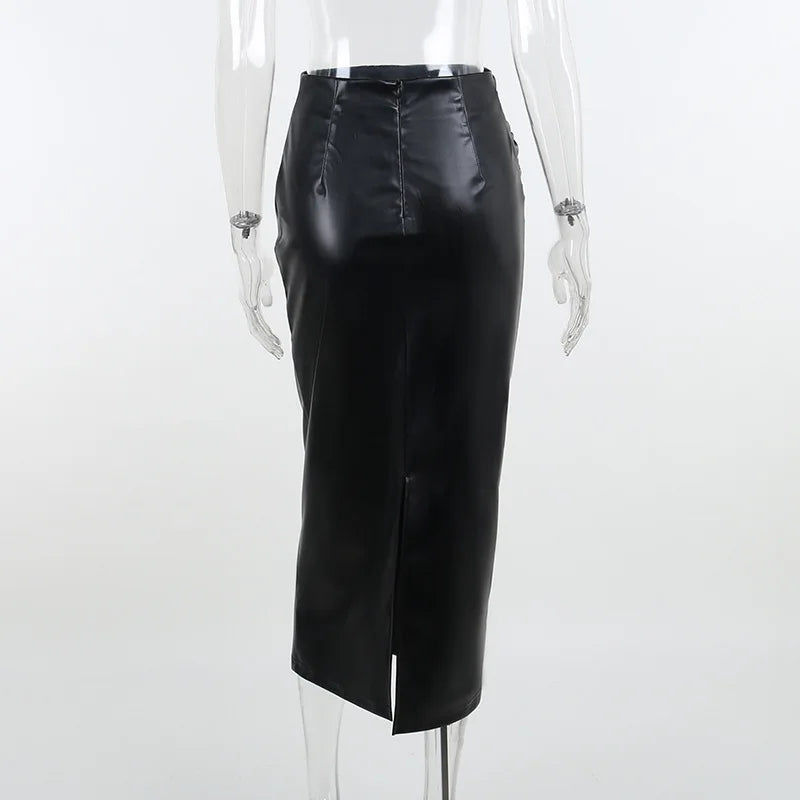 Elegant Fashion Ruched Slim High Waist PU Leather Chic Black Trendy Midi Skirt