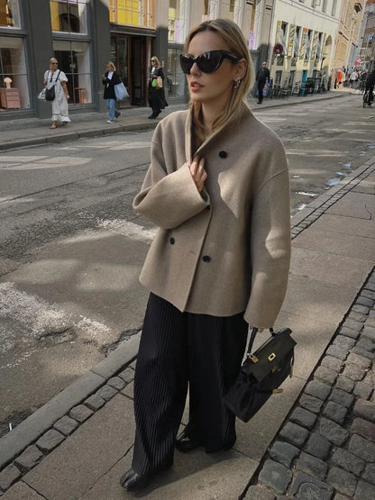 Elegant Warm Solid Woolen Cropped Chic Stand Collar Double Breasted Long Sleeves Stylish Coat