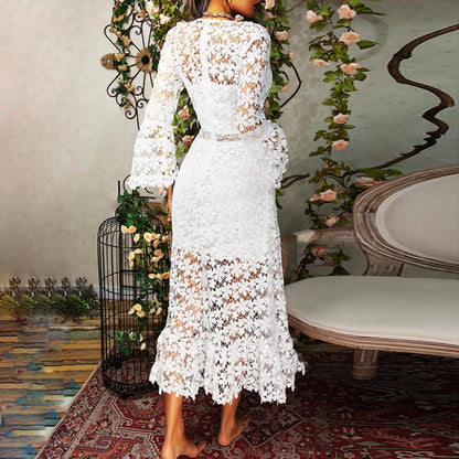 White Lace Hollow Out Floral Crochet Vintage Wedding Midi Elegant Dress