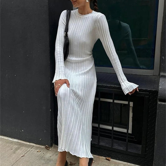 Ribbed Knitted Solid Color Crew Neck Long Sleeve Lace-up Bodycon Spring Fall Maxi Elegant Dress