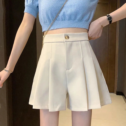 Elegant High Waisted Pleated Casual A-Line Shorts